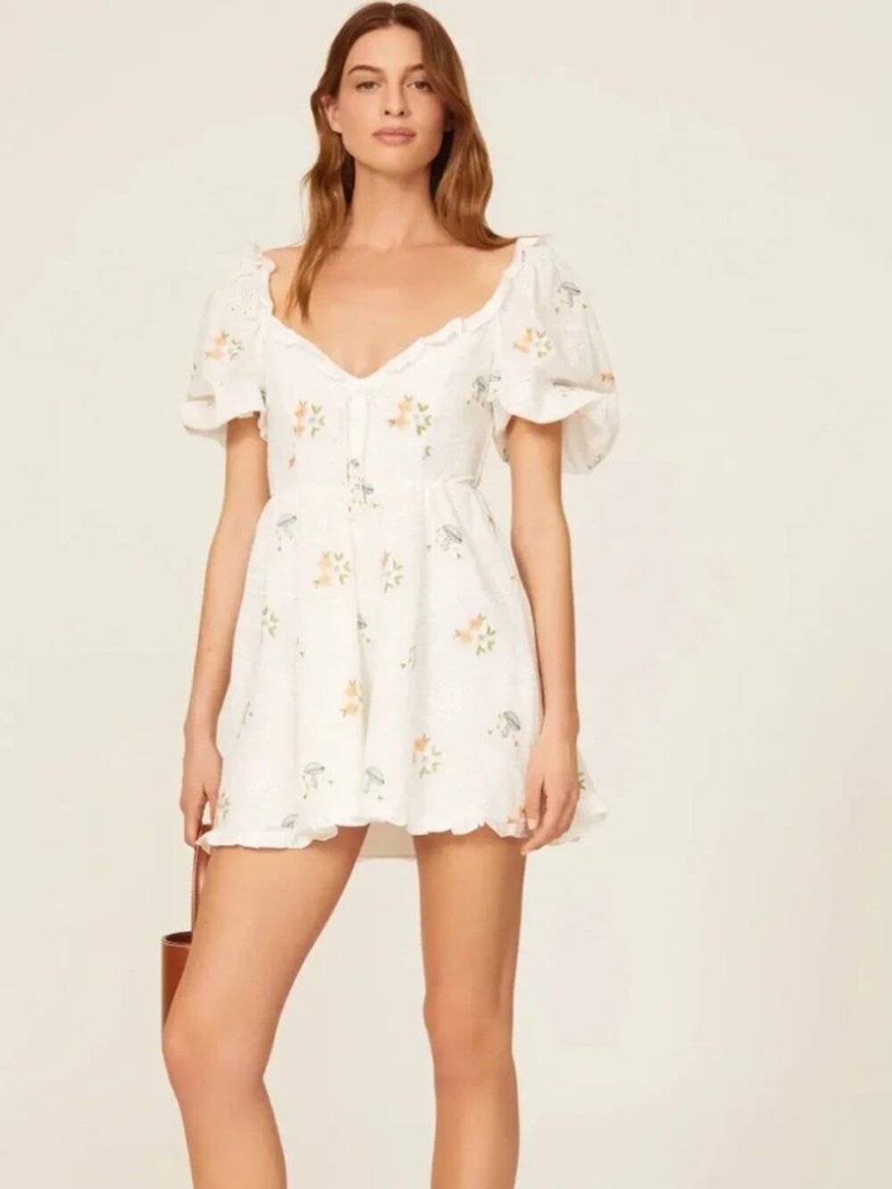 For Love and Lemons Yolanda Mini Dress White Eyelet Mushroom Print Puff Sleeve L - Picture 3 of 12